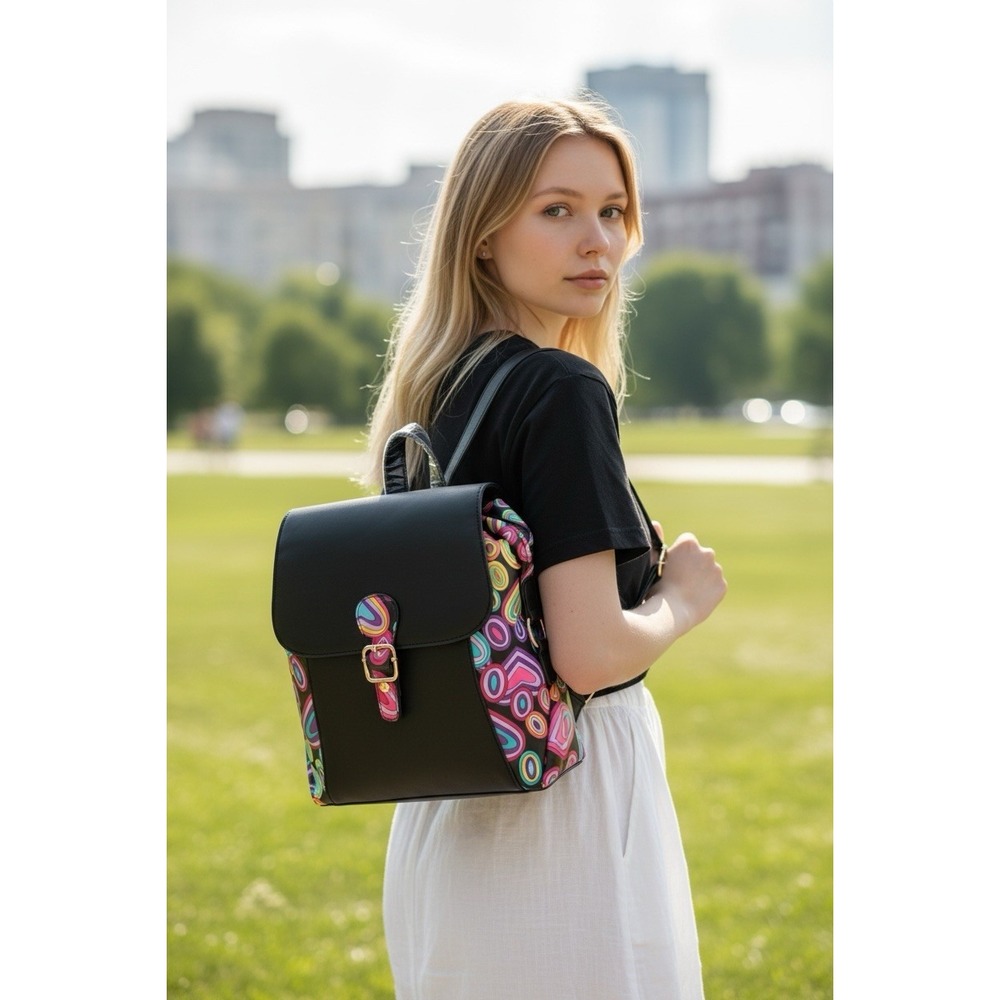 Black Faux Leather Backpack With Colorful Abstract Panels New